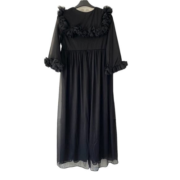 Vintage Black Sheer Peignor Nightgown Robe Ruffle Set size medium 70s Union USA - Picture 5 of 14